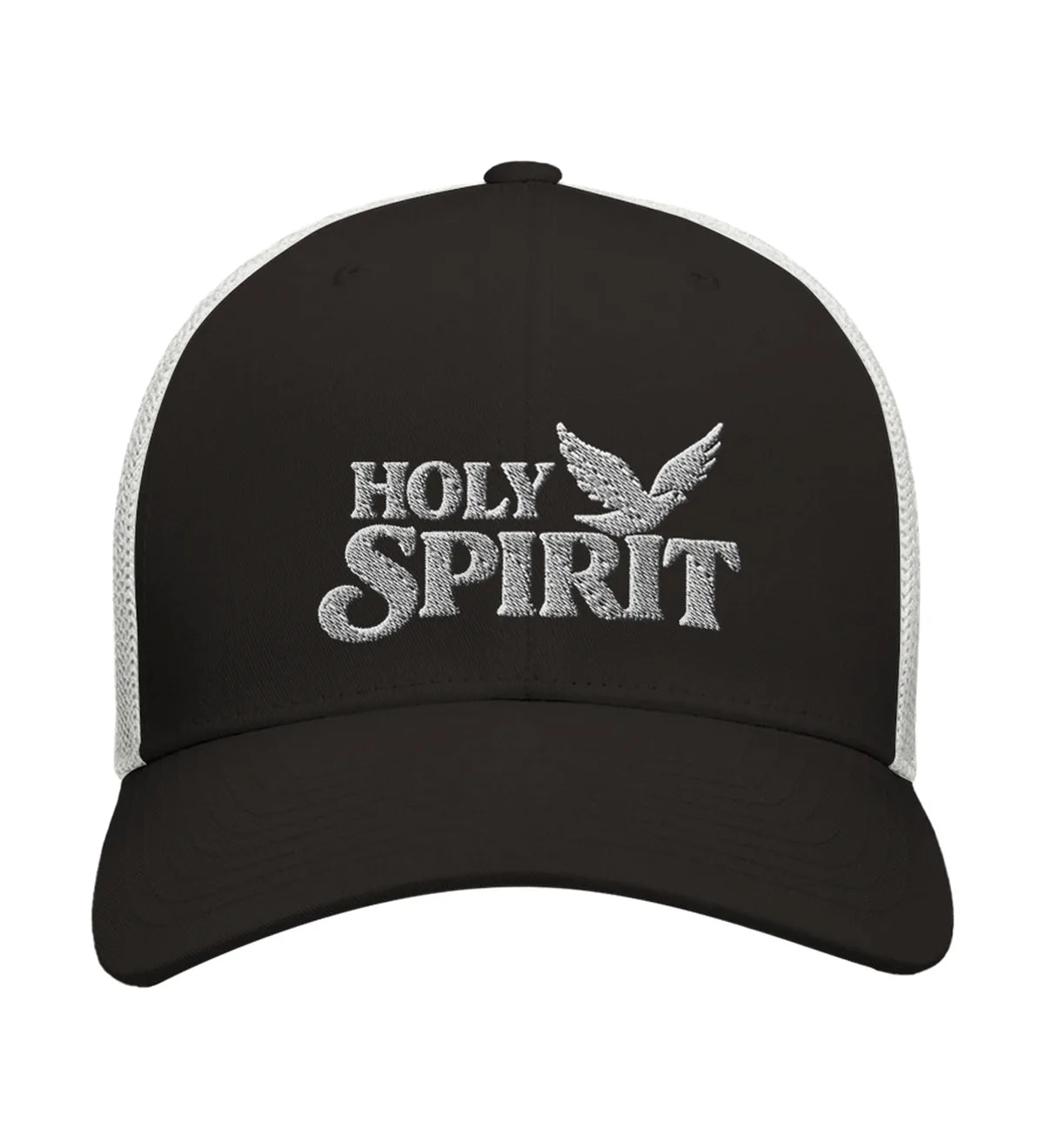 Holy Spirit embroidered trucker cap, front view — black and white cap with white embroidery.