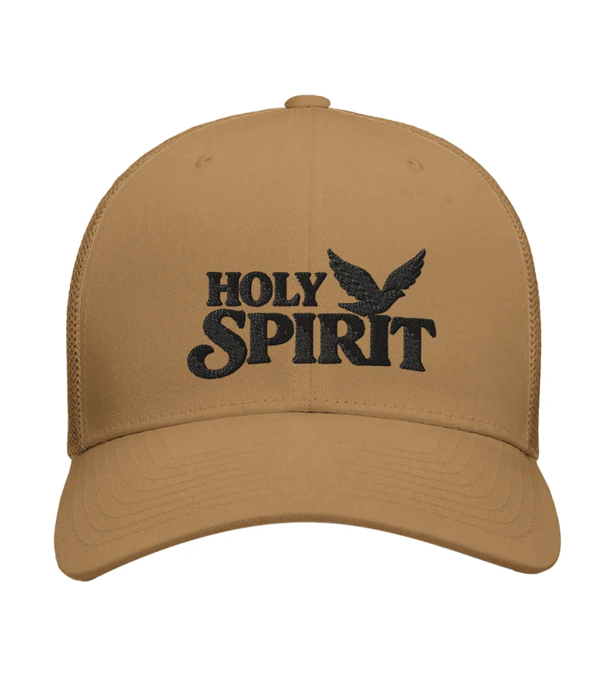 Holy Spirit embroidered trucker cap, front view — caramel cap with black embroidery.