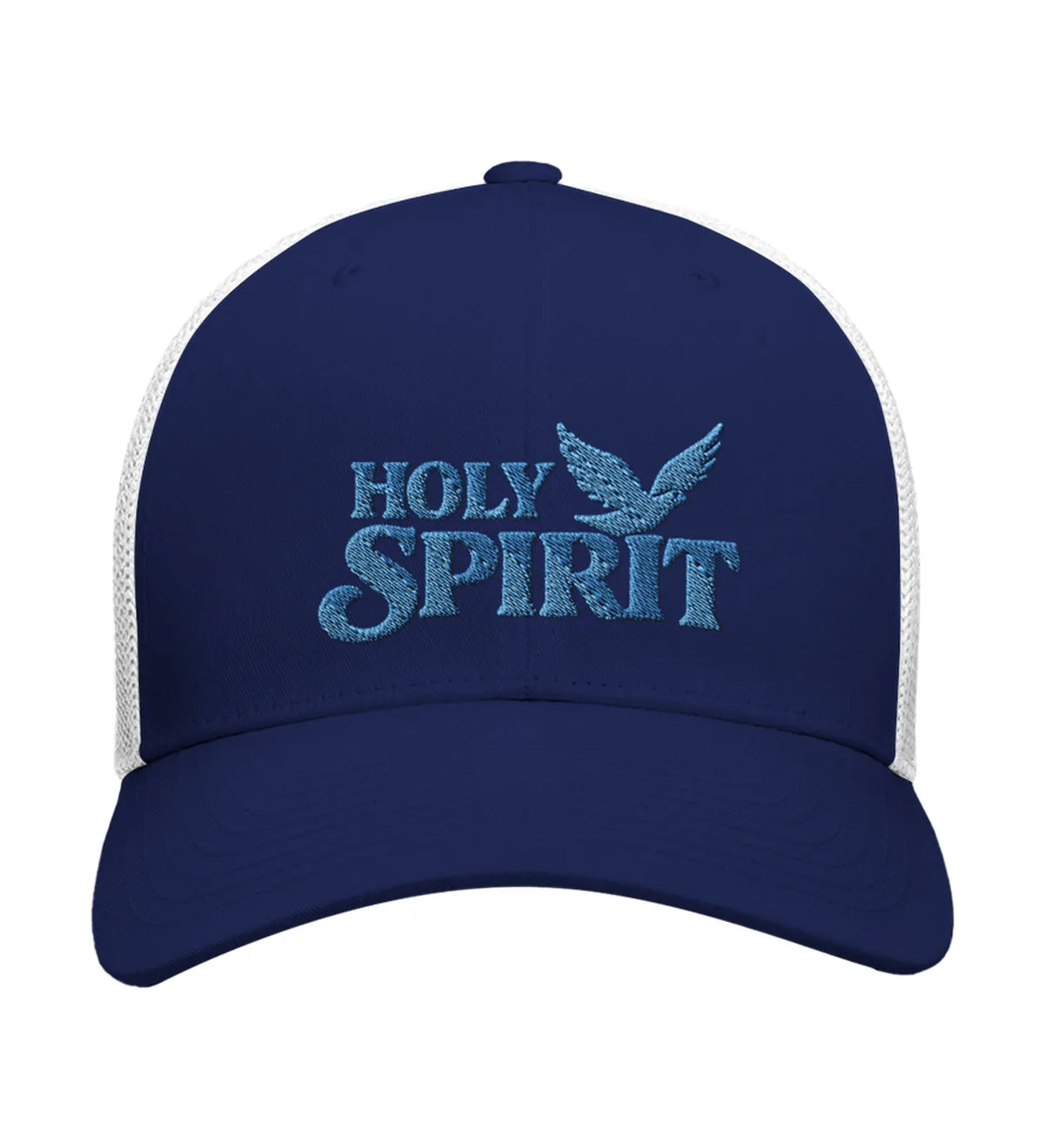 Holy Spirit embroidered trucker cap, front view — navy and white cap with aqua embroidery.