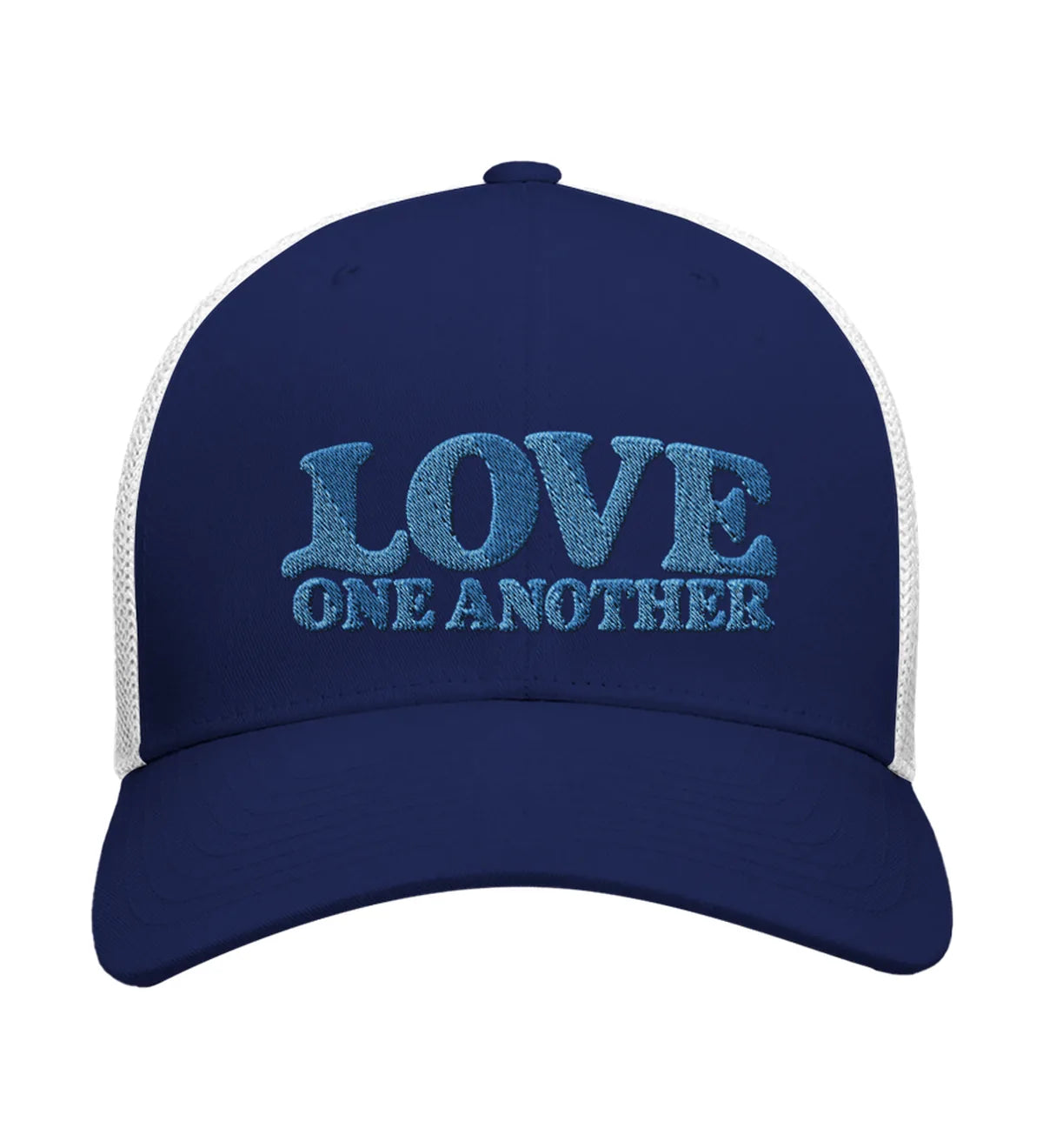Love One Another embroidered trucker cap, front view — navy and white cap with aqua embroidery.