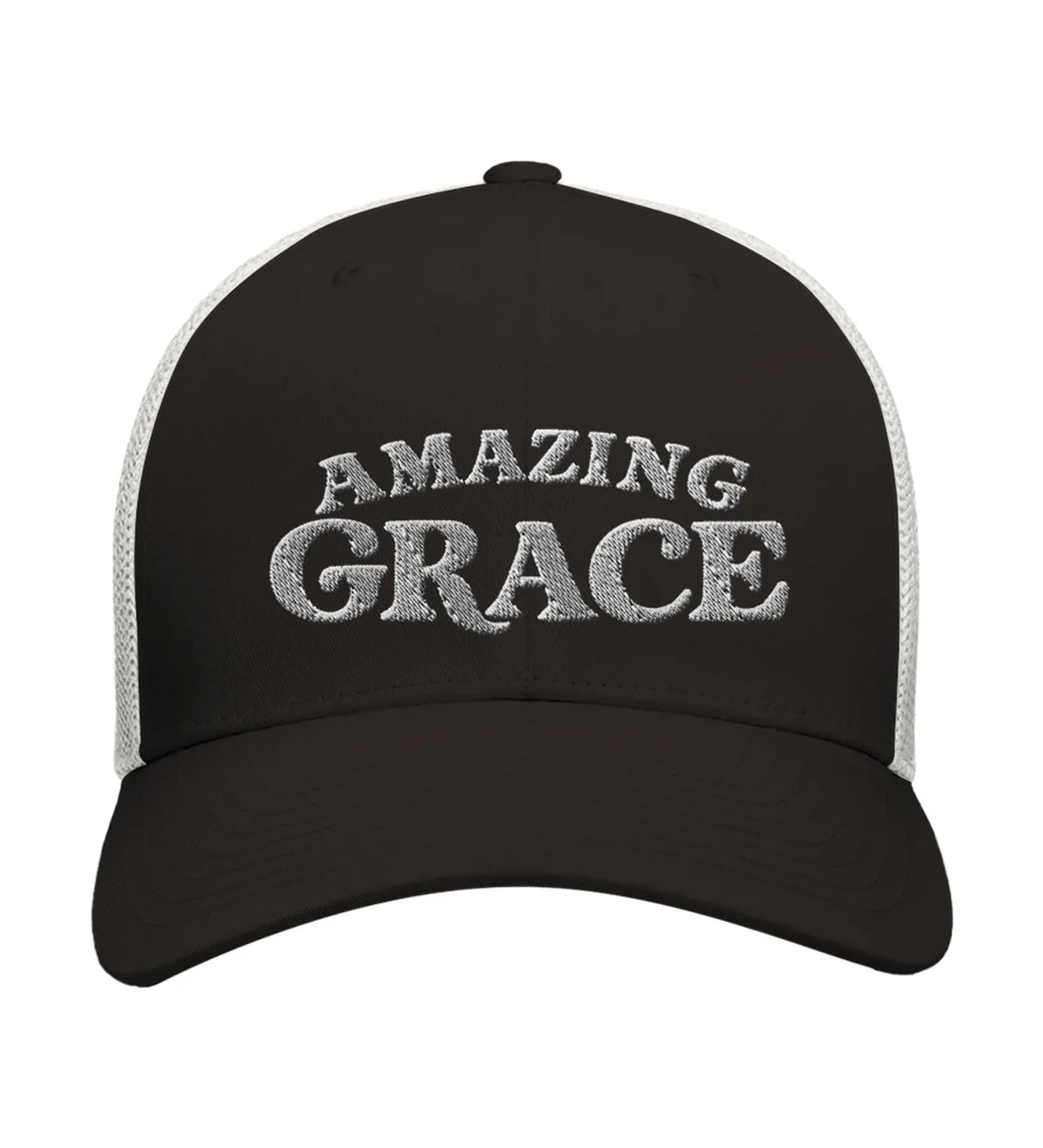 Amazing Grace embroidered trucker cap, front view — black and white cap with white embroidery.