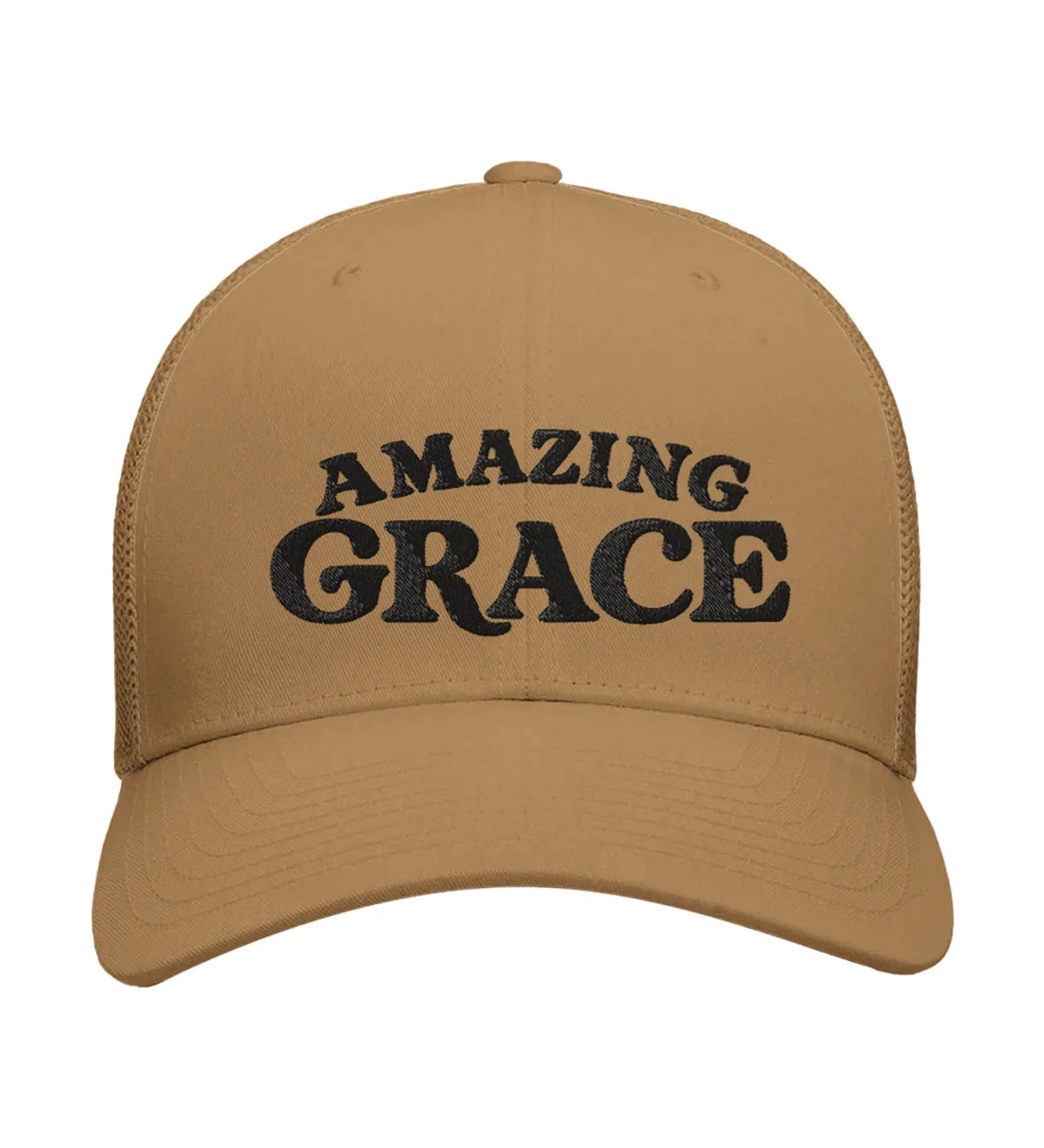 Amazing Grace embroidered trucker cap, front view — caramel cap with black embroidery.