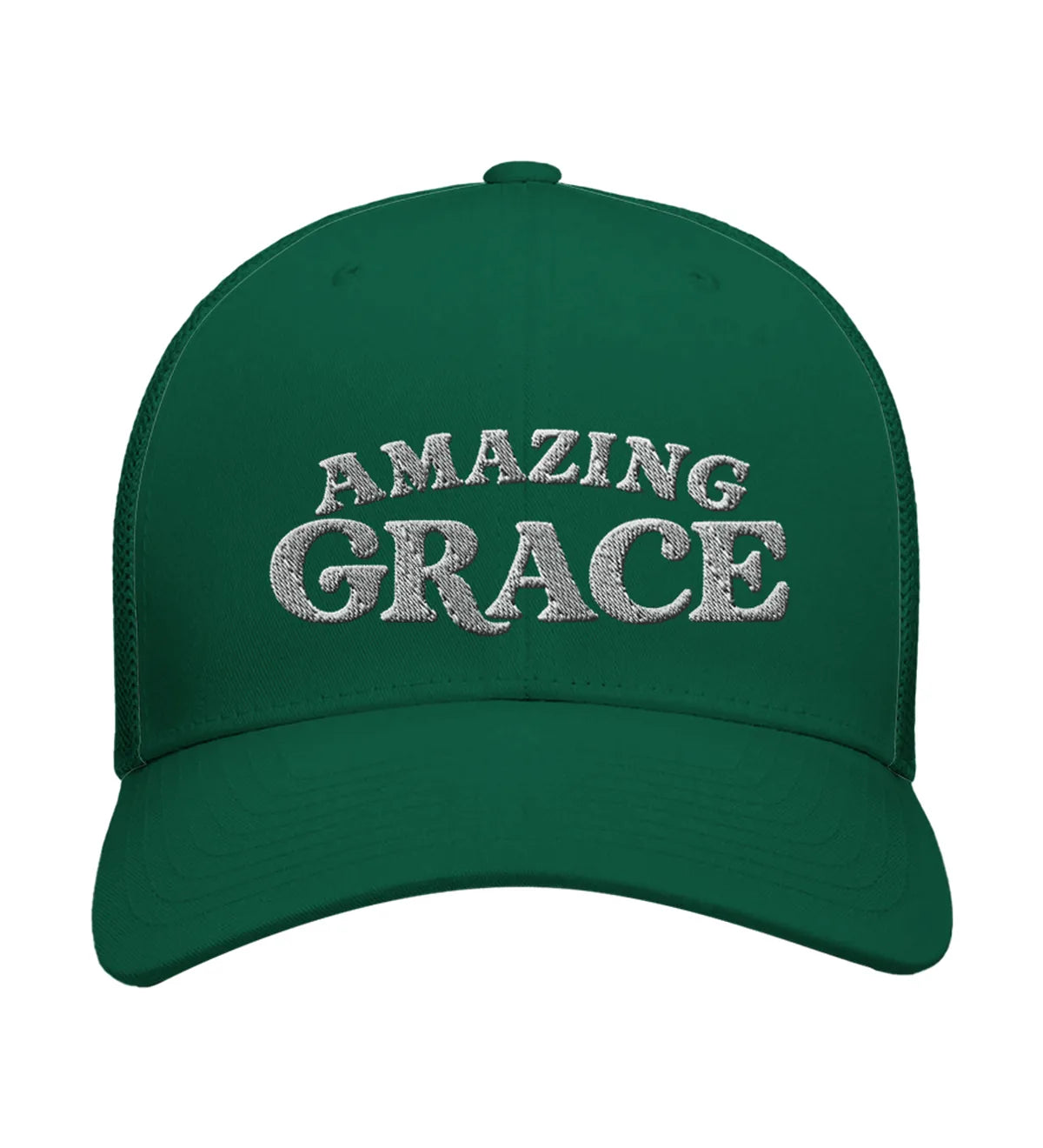 Amazing Grace embroidered trucker cap, front view — evergreen cap with white embroidery.