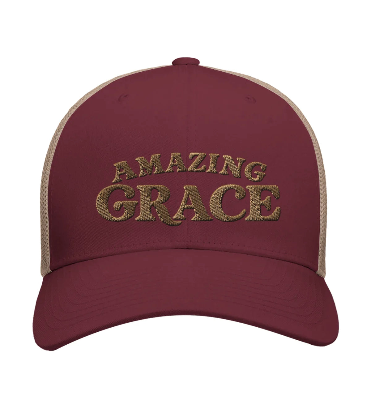 Amazing Grace embroidered trucker cap, front view — burgundy and beige cap with gold embroidery.