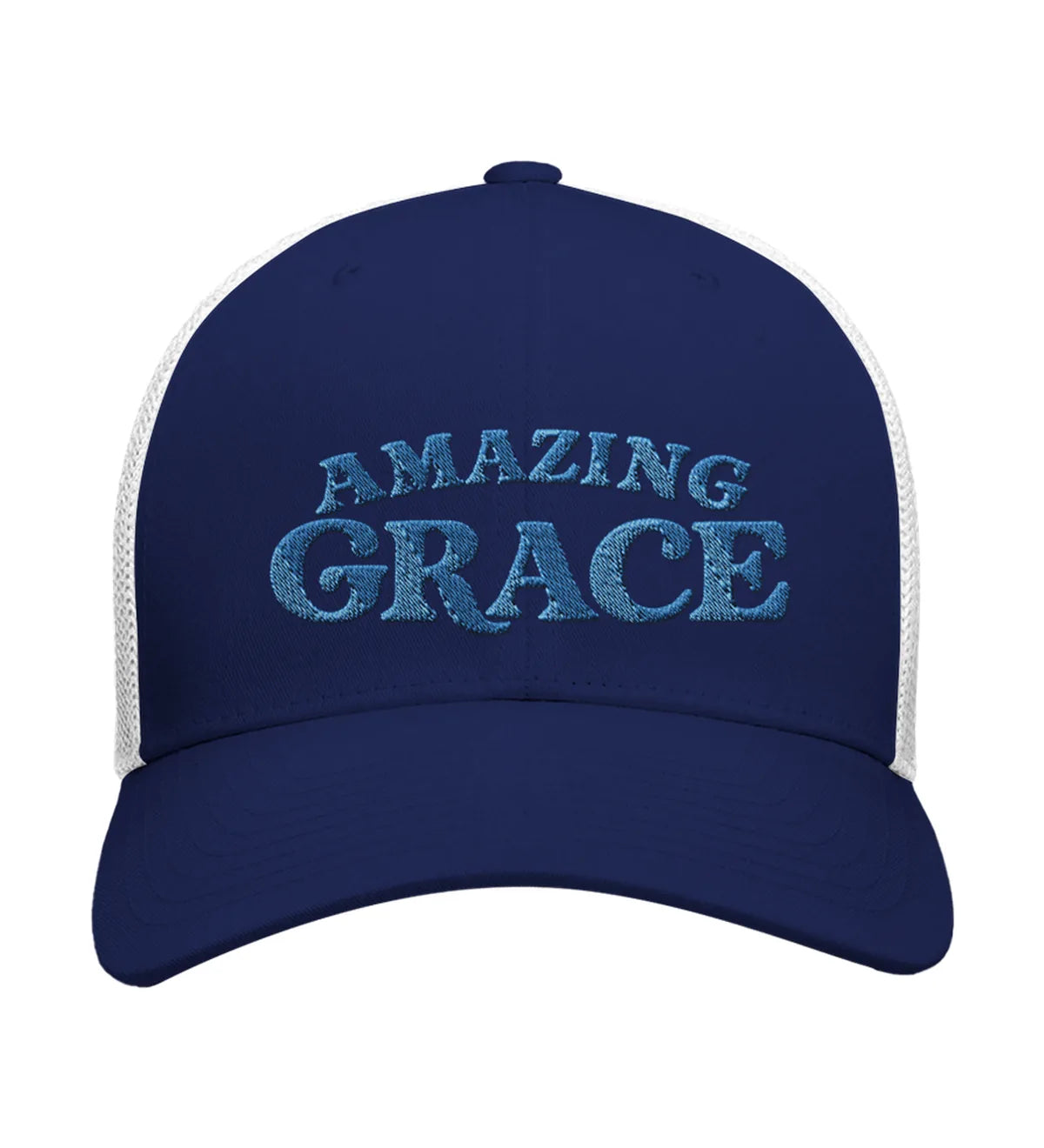 Amazing Grace embroidered trucker cap, front view — navy and white cap with aqua embroidery.