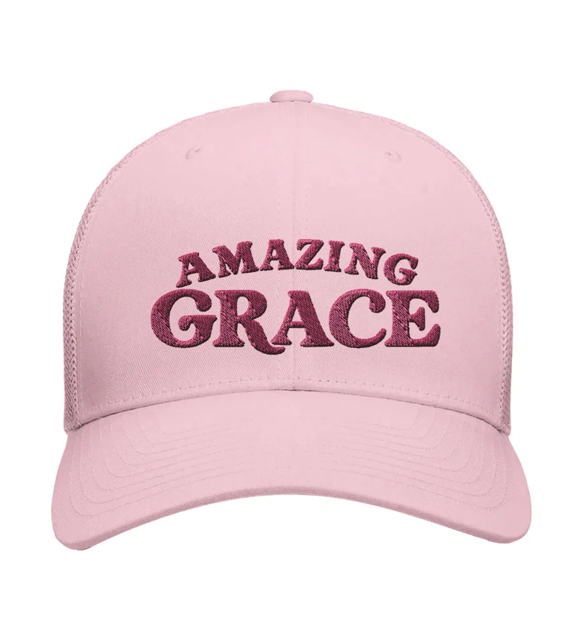 Amazing Grace embroidered trucker cap, front view — pink cap with pink embroidery.