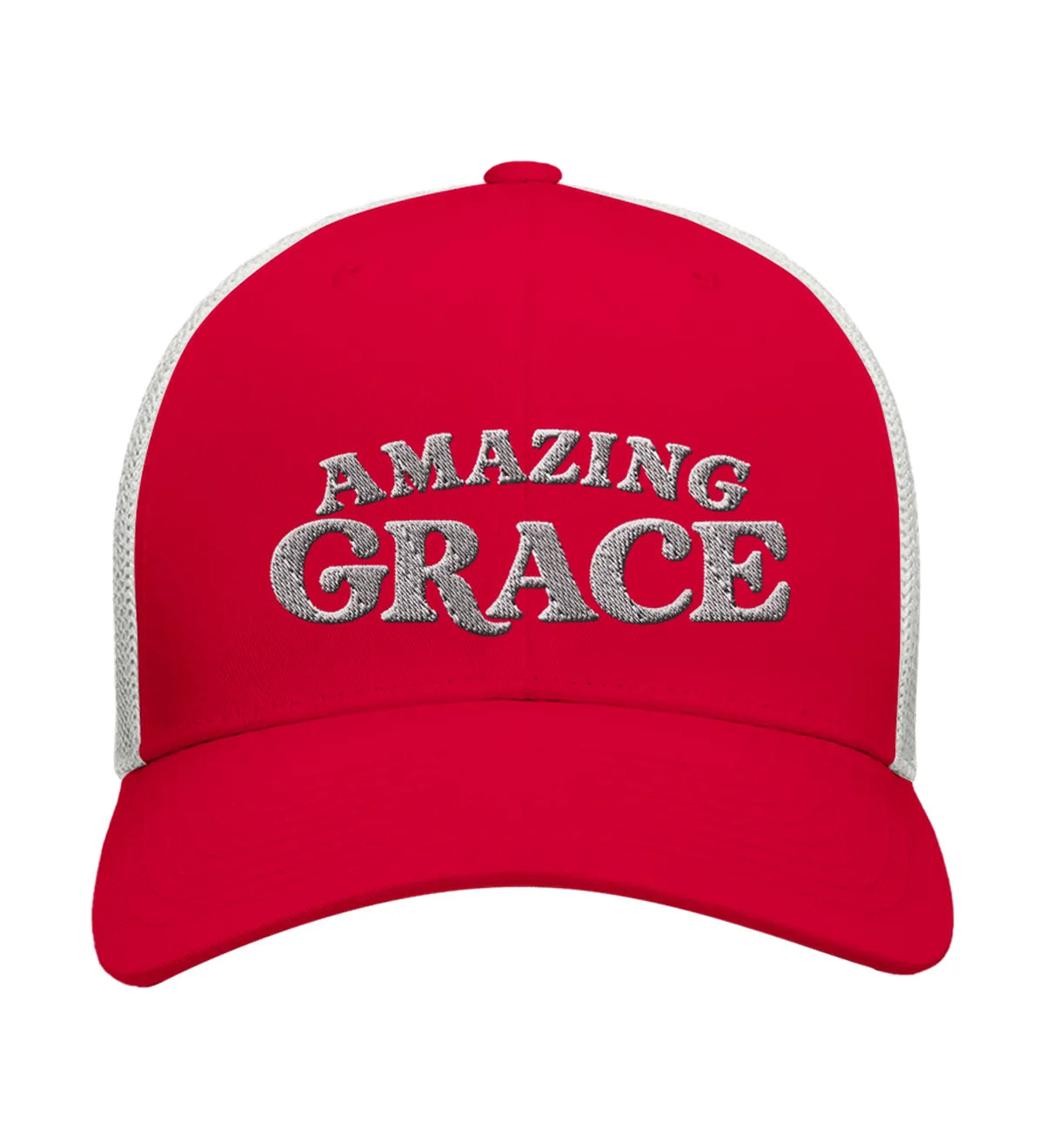 Amazing Grace embroidered trucker cap, front view — red and white cap with white embroidery.
