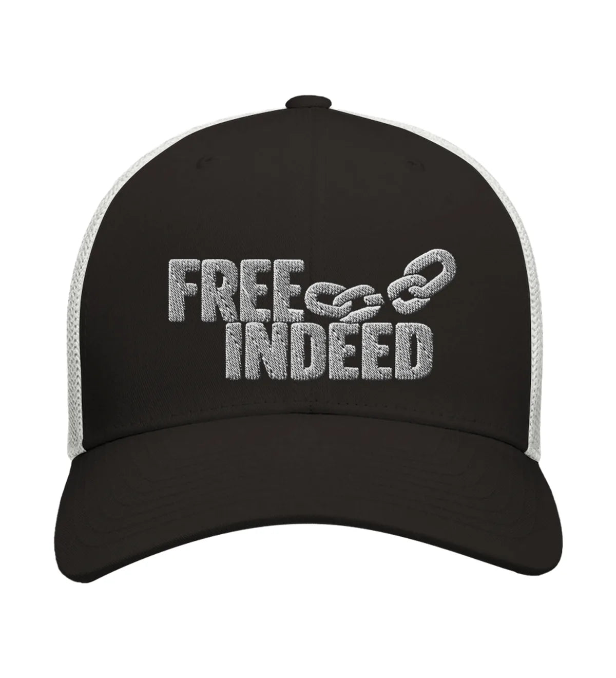 Free Indeed embroidered trucker cap, front view — black and white cap with white embroidery.