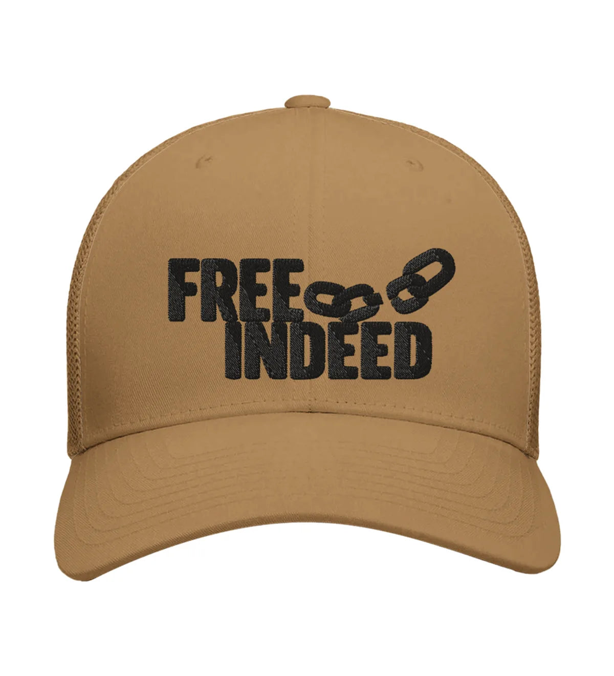 Free Indeed embroidered trucker cap, front view — caramel cap with black embroidery.