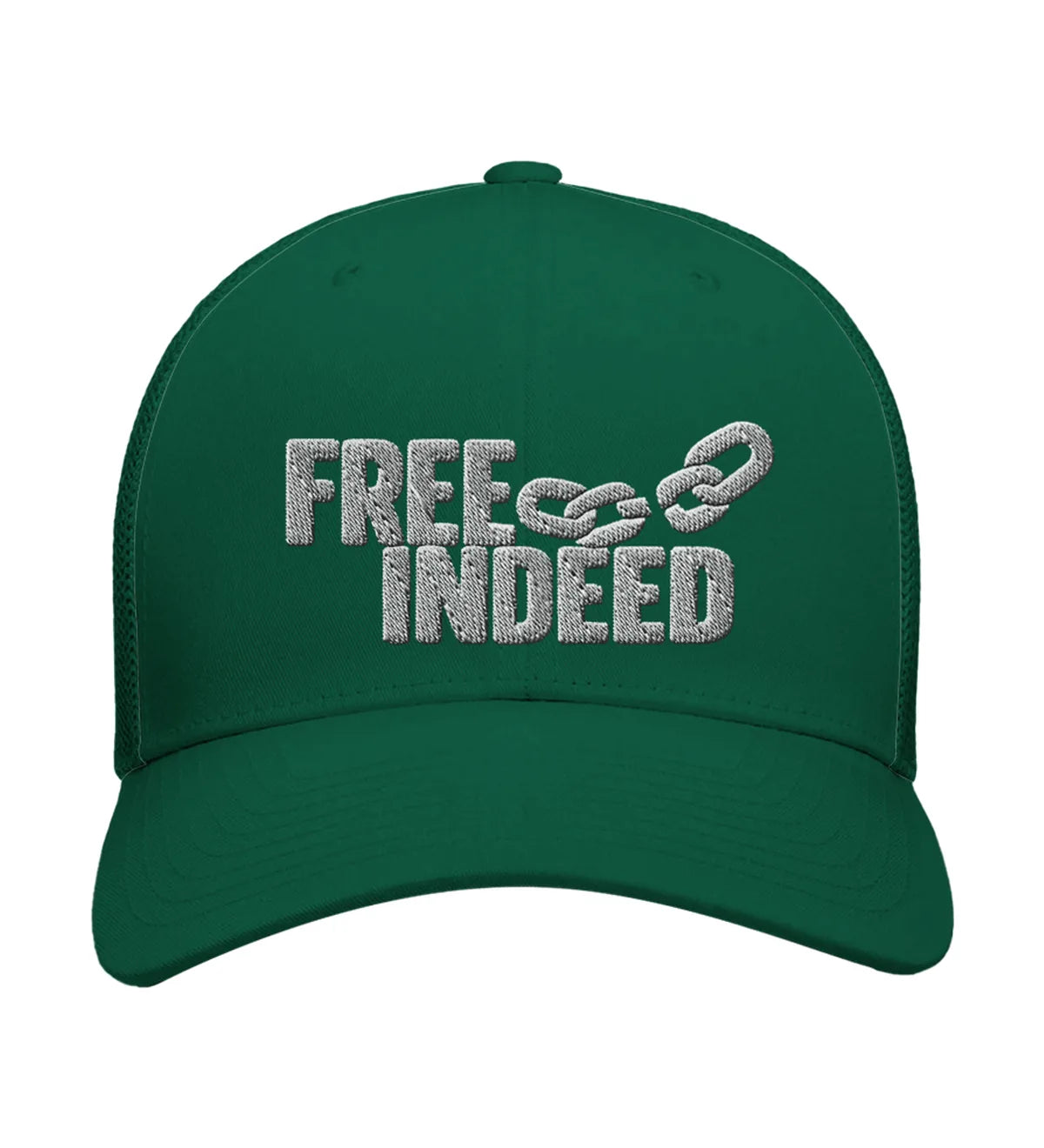 Free Indeed embroidered trucker cap, front view — evergreen cap with white embroidery.