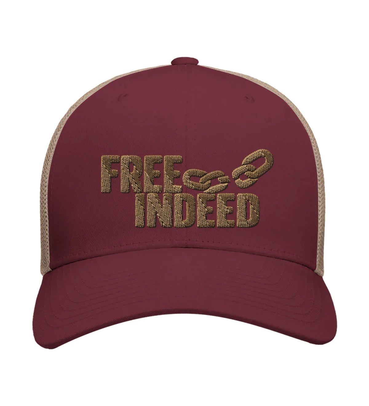 Free Indeed embroidered trucker cap, front view — burgundy and beige cap with gold embroidery.