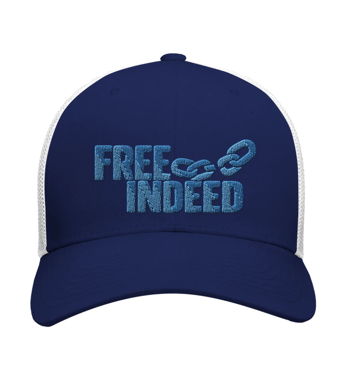Free Indeed embroidered trucker cap, front view — navy and white cap with aqua embroidery.