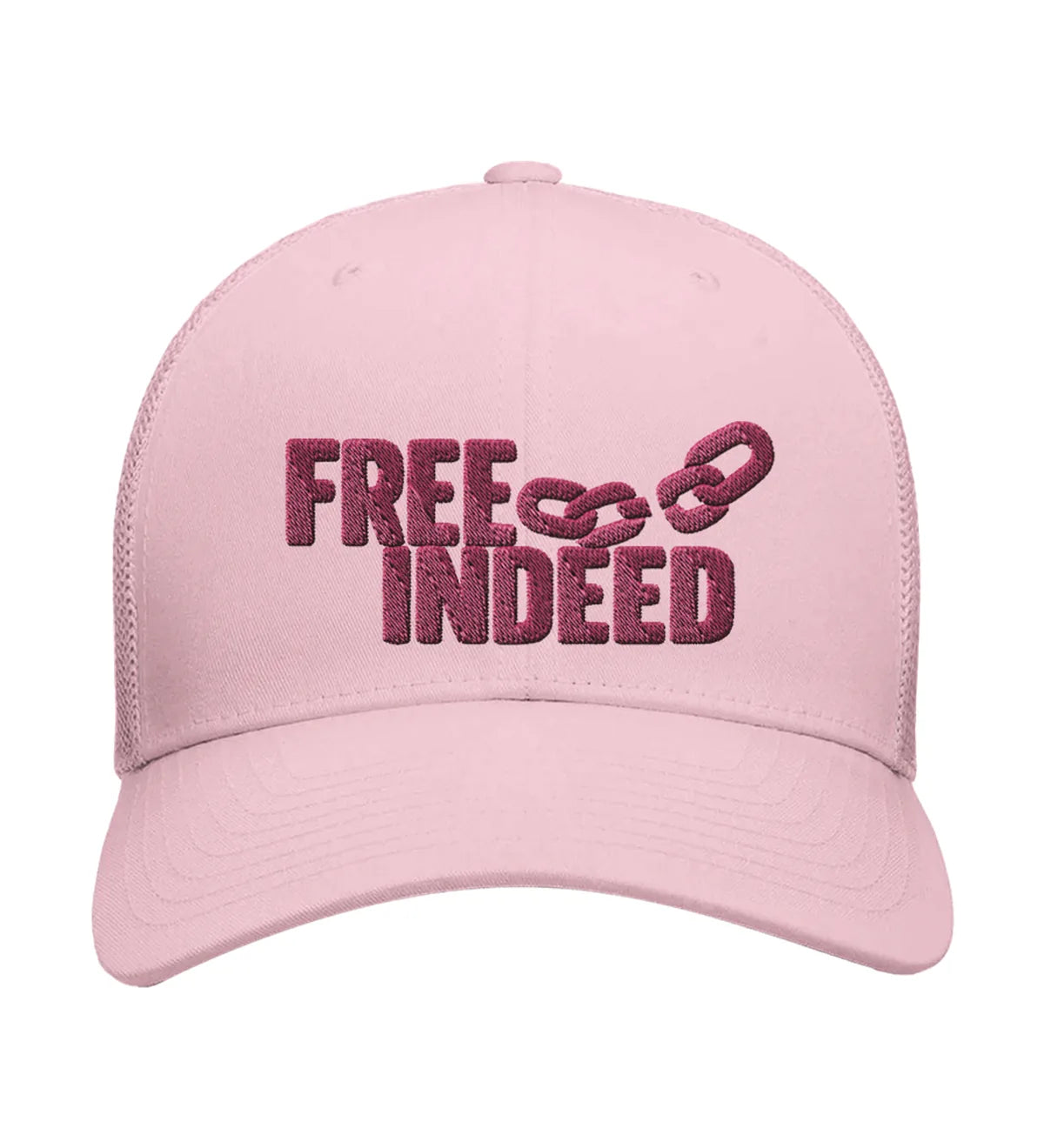 Free Indeed embroidered trucker cap, front view — pink cap with pink embroidery.