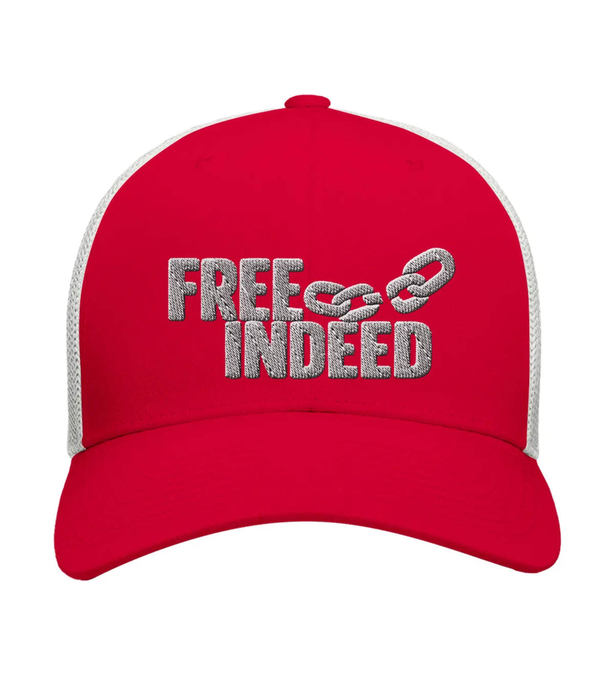 Free Indeed embroidered trucker cap, front view — red and white cap with white embroidery.