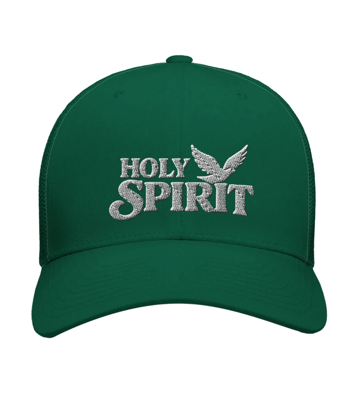 Holy Spirit embroidered trucker cap, front view — evergreen cap with white embroidery.