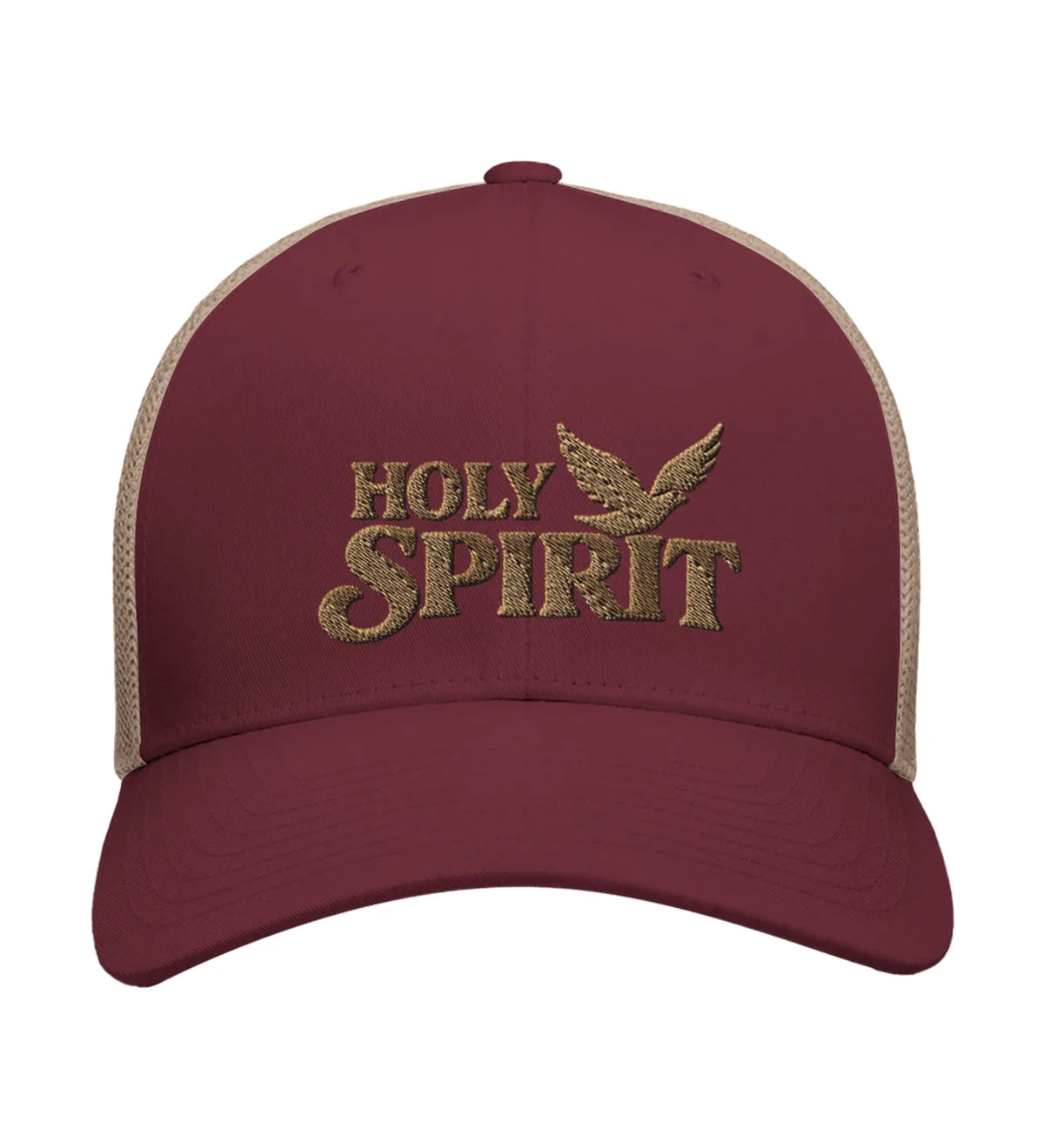 Holy Spirit embroidered trucker cap, front view — burgundy and beige cap with gold embroidery.