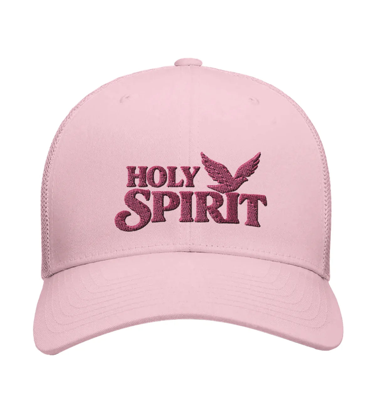 Holy Spirit embroidered trucker cap, front view — pink cap with pink embroidery.