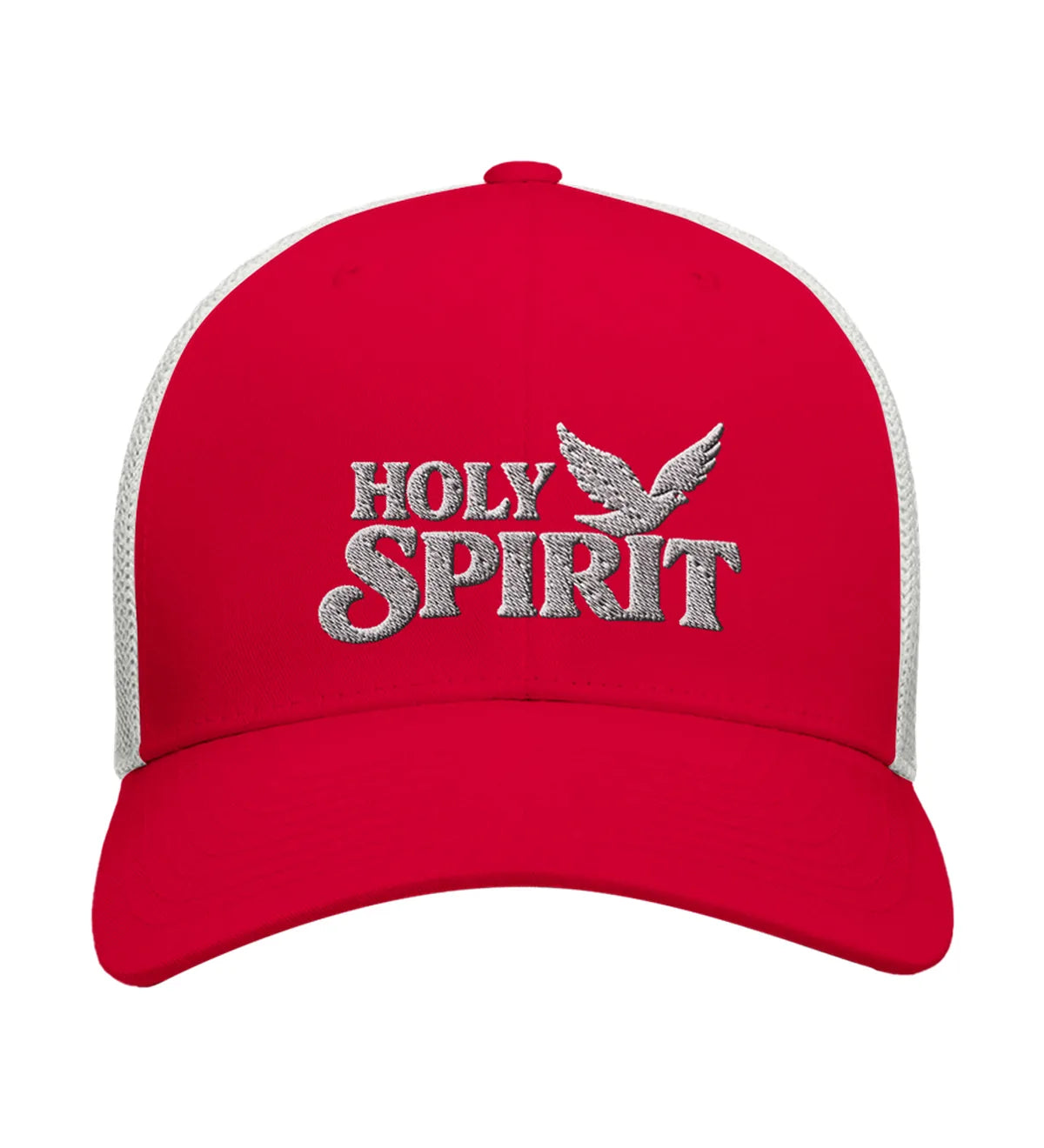 Holy Spirit embroidered trucker cap, front view — red and white cap with white embroidery.