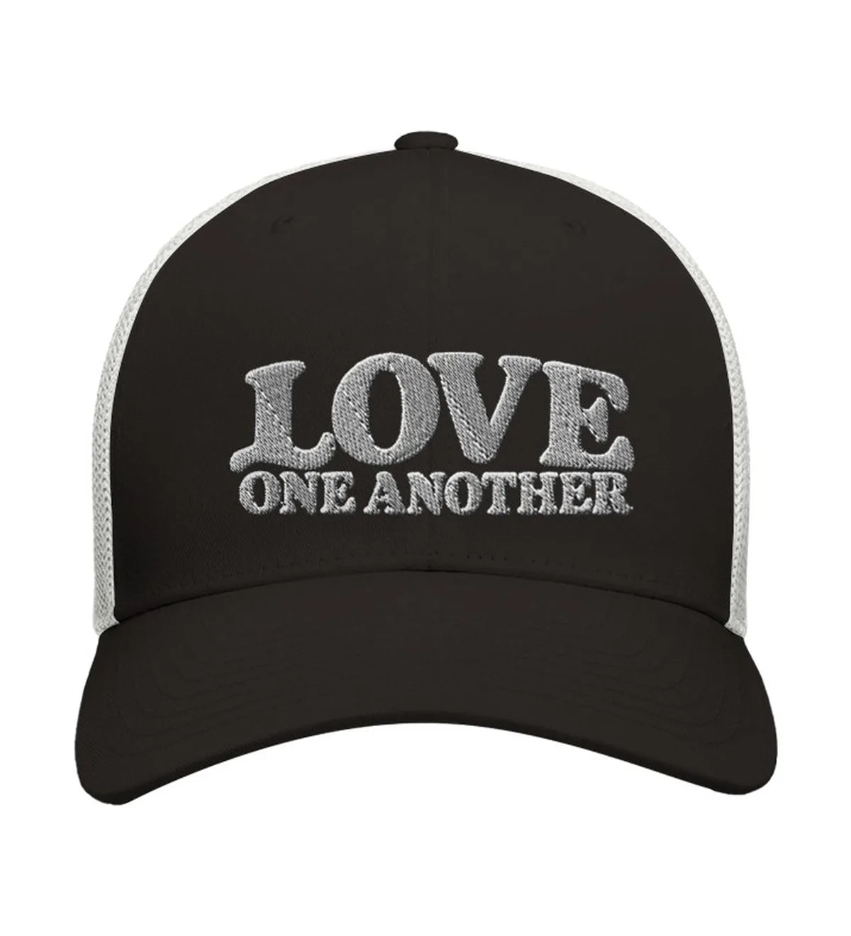 Love One Another embroidered trucker cap, front view — black and white cap with white embroidery.