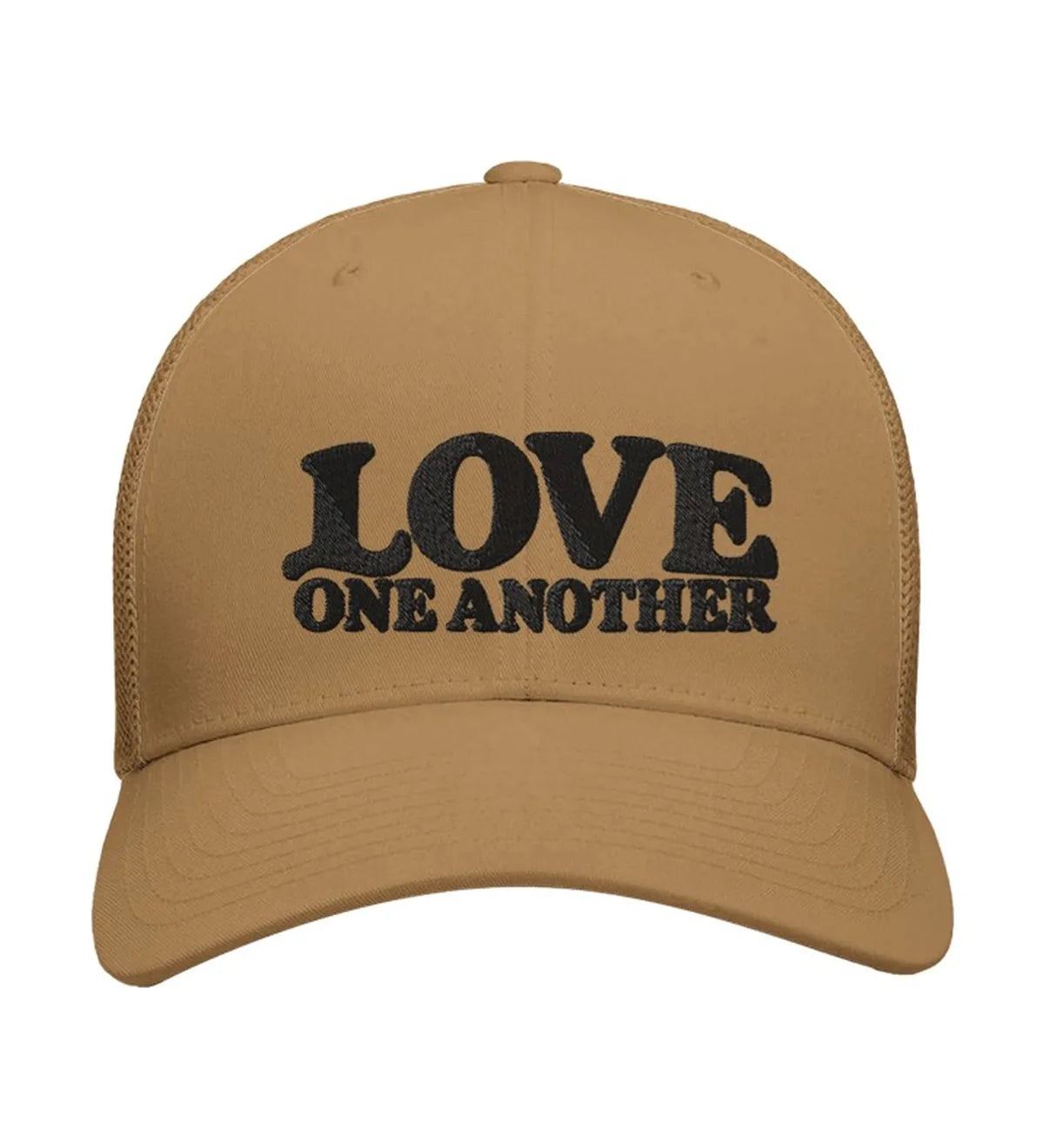 Love One Another embroidered trucker cap, front view — caramel cap with black embroidery.