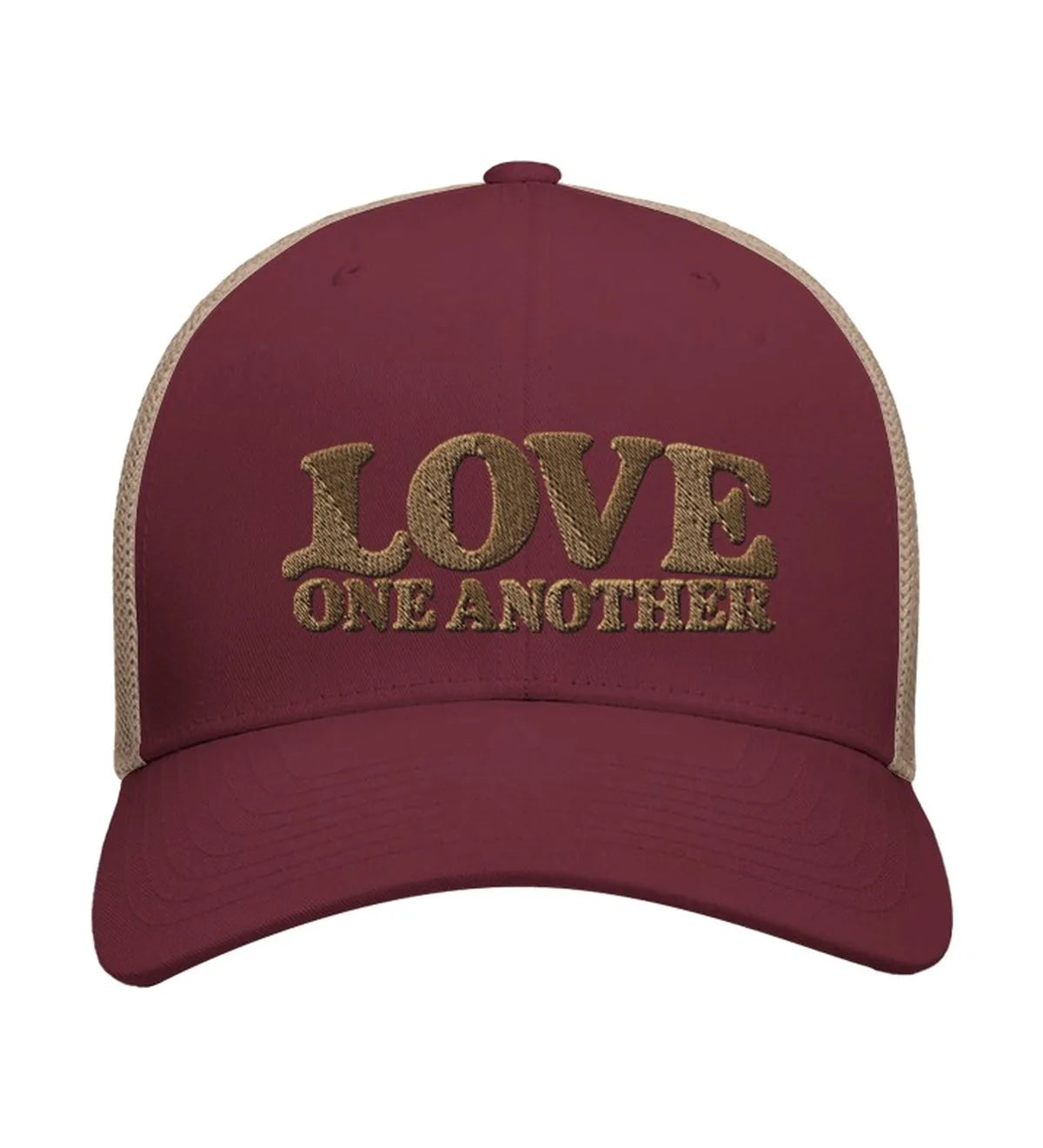 Love One Another embroidered trucker cap, front view — burgundy and beige cap with gold embroidery.