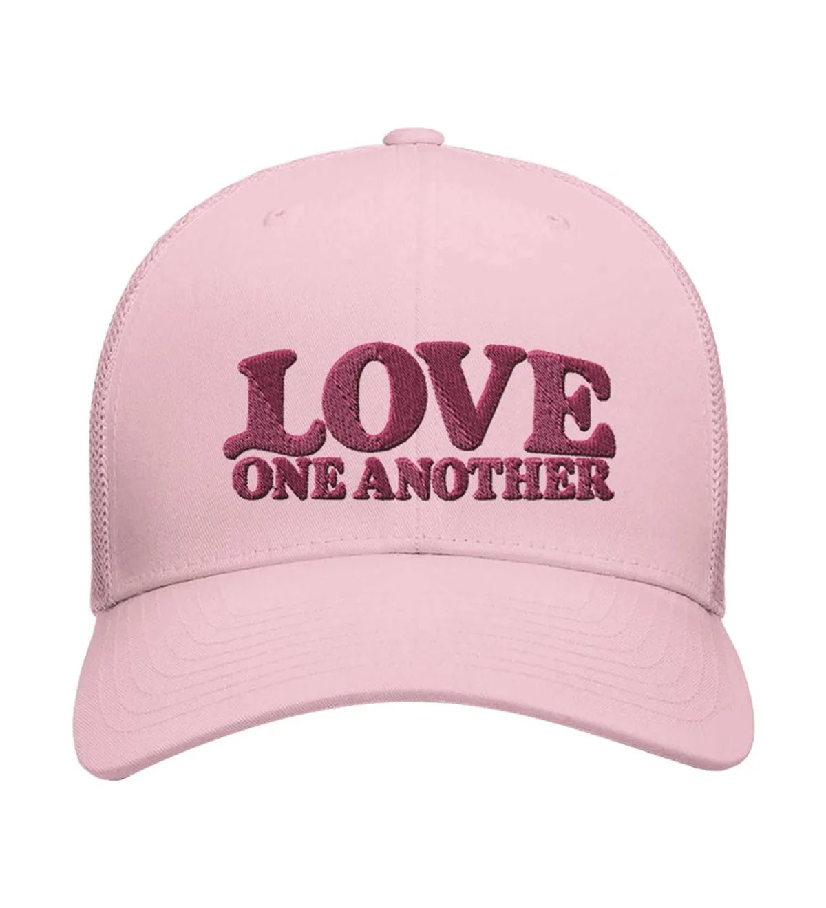 Love One Another embroidered trucker cap, front view — pink cap with pink embroidery.