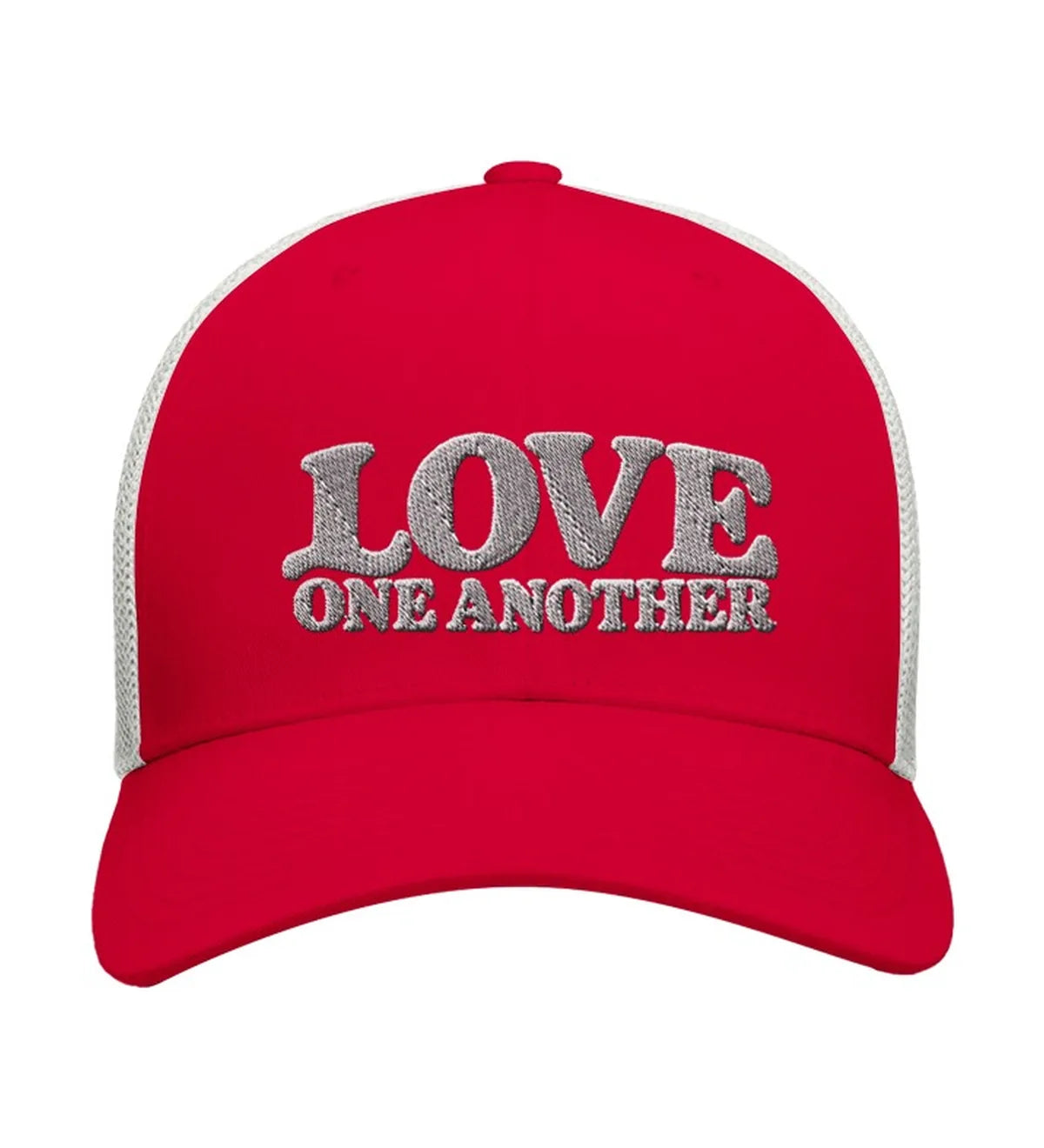 Love One Another embroidered trucker cap, front view — red and white cap with white embroidery.
